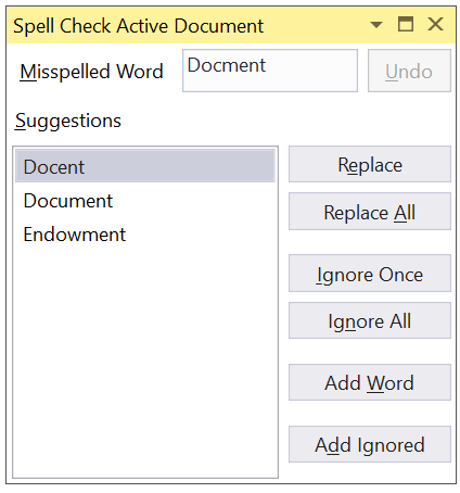 Active Document Spell Check Tool Window